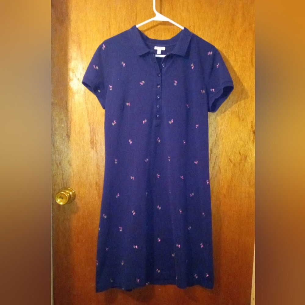 Vintage Talbot's Size Large Navy Polo Dress With Embroidered Pink Flamingos